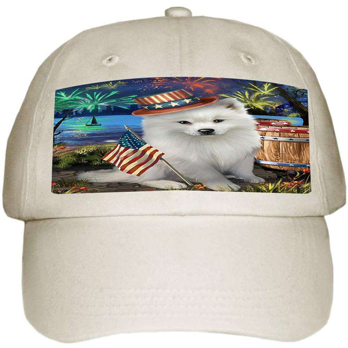 4th of July Independence Day Fireworks American Eskimo Dog at the Lake Ball Hat Cap HAT56457