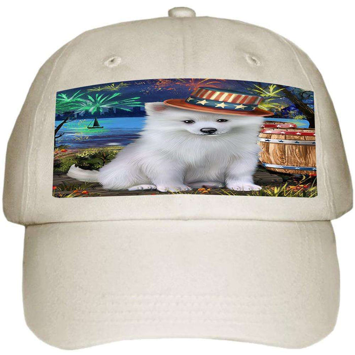 4th of July Independence Day Fireworks American Eskimo Dog at the Lake Ball Hat Cap HAT56460