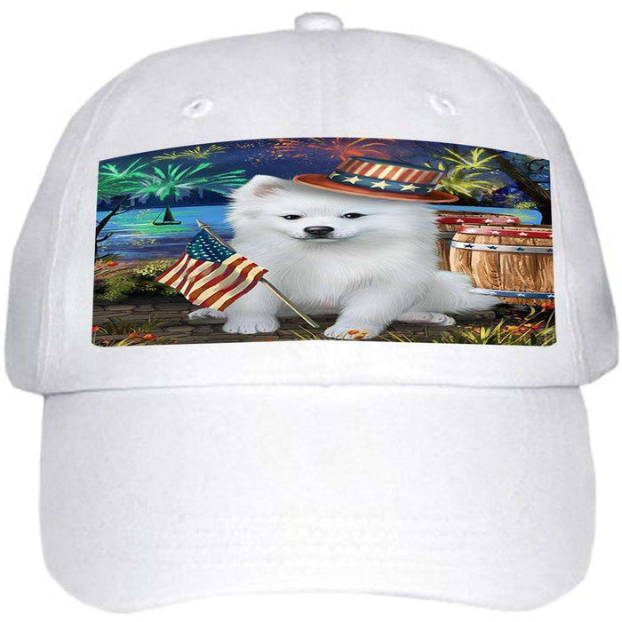 4th of July Independence Day Fireworks American Eskimo Dog at the Lake Ball Hat Cap HAT56463