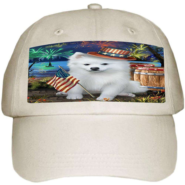 4th of July Independence Day Fireworks American Eskimo Dog at the Lake Ball Hat Cap HAT56463