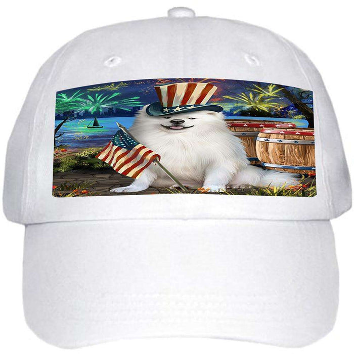 4th of July Independence Day Fireworks American Eskimo Dog at the Lake Ball Hat Cap HAT56466