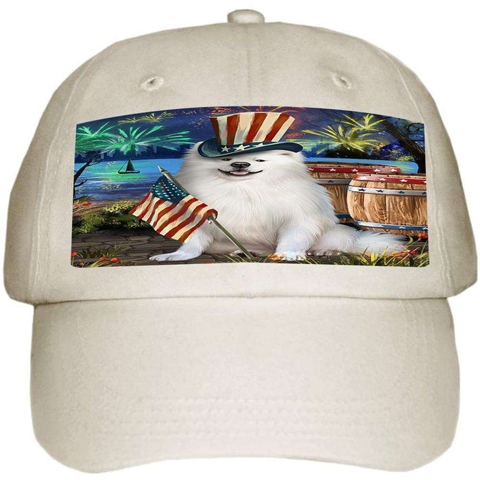 4th of July Independence Day Fireworks American Eskimo Dog at the Lake Ball Hat Cap HAT56466