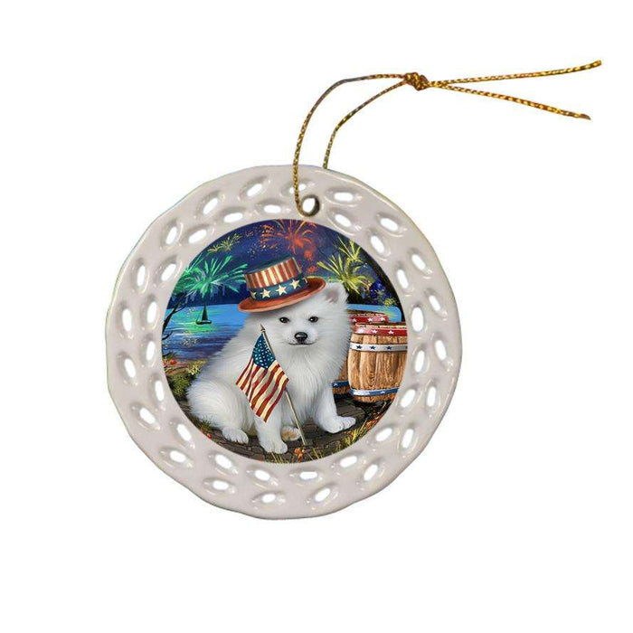 4th of July Independence Day Fireworks American Eskimo Dog at the Lake Ceramic Doily Ornament DPOR50907
