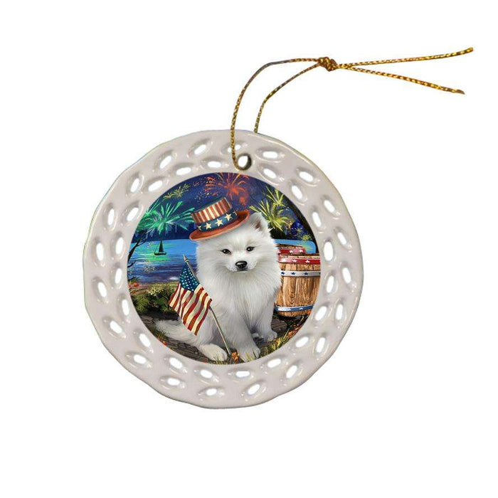4th of July Independence Day Fireworks American Eskimo Dog at the Lake Ceramic Doily Ornament DPOR50908