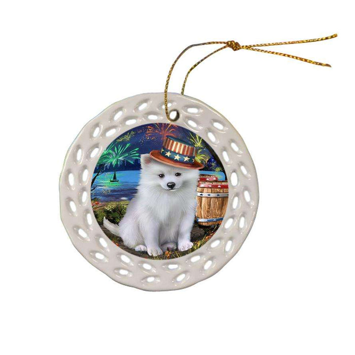 4th of July Independence Day Fireworks American Eskimo Dog at the Lake Ceramic Doily Ornament DPOR50909