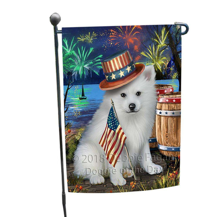 4th of July Independence Day Fireworks American Eskimo Dog at the Lake Garden Flag GFLG50829