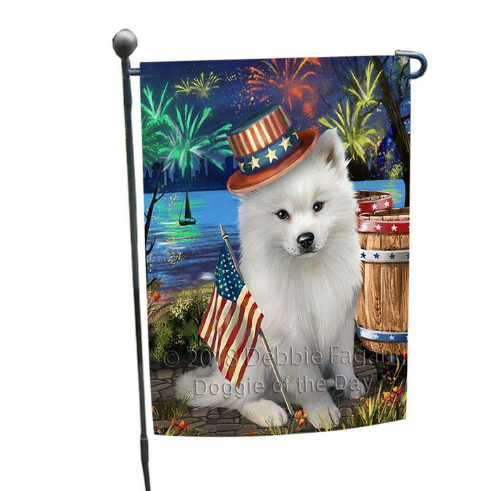 4th of July Independence Day Fireworks American Eskimo Dog at the Lake Garden Flag GFLG50830