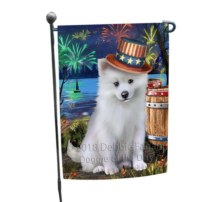 4th of July Independence Day Fireworks American Eskimo Dog at the Lake Garden Flag GFLG50831