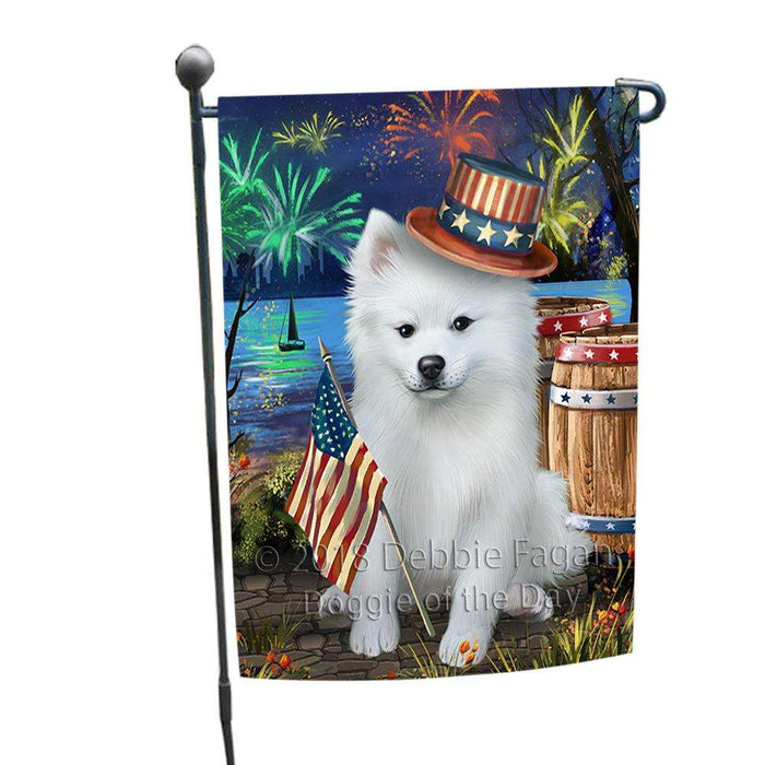 4th of July Independence Day Fireworks American Eskimo Dog at the Lake Garden Flag GFLG50832