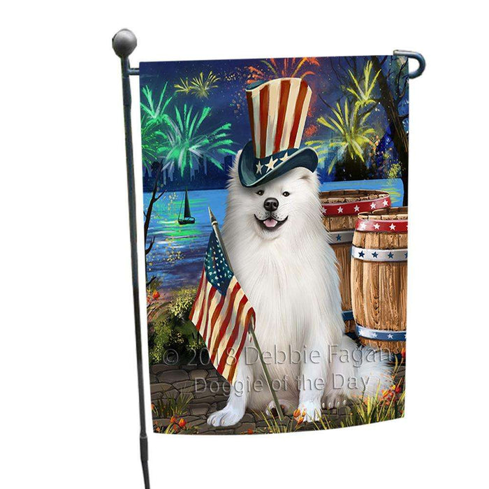 4th of July Independence Day Fireworks American Eskimo Dog at the Lake Garden Flag GFLG50833