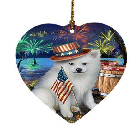 4th of July Independence Day Fireworks American Eskimo Dog at the Lake Heart Christmas Ornament HPOR50907