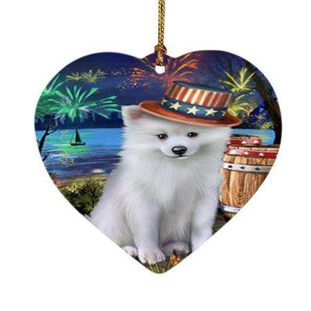 4th of July Independence Day Fireworks American Eskimo Dog at the Lake Heart Christmas Ornament HPOR50909