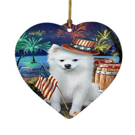 4th of July Independence Day Fireworks American Eskimo Dog at the Lake Heart Christmas Ornament HPOR50910
