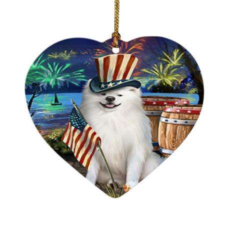 4th of July Independence Day Fireworks American Eskimo Dog at the Lake Heart Christmas Ornament HPOR50911