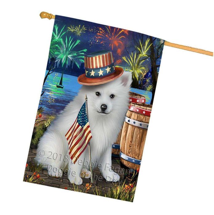 4th of July Independence Day Fireworks American Eskimo Dog at the Lake House Flag FLG50965