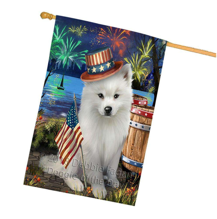 4th of July Independence Day Fireworks American Eskimo Dog at the Lake House Flag FLG50966