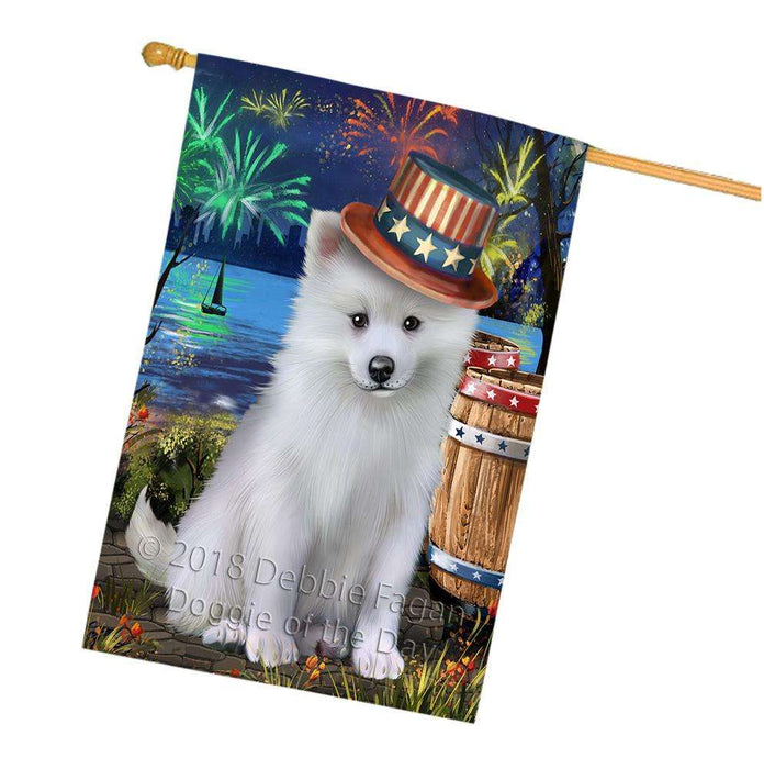 4th of July Independence Day Fireworks American Eskimo Dog at the Lake House Flag FLG50967