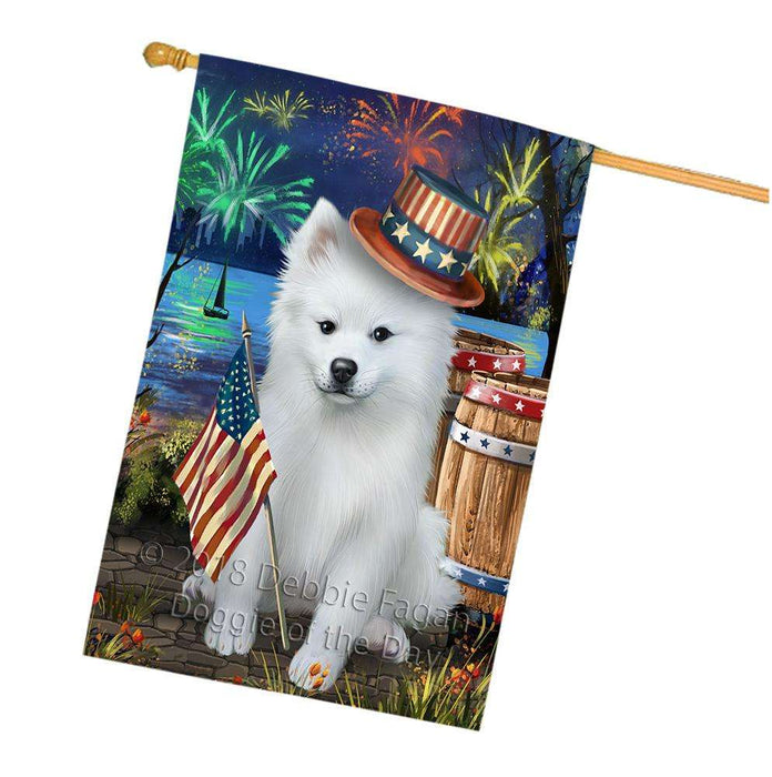 4th of July Independence Day Fireworks American Eskimo Dog at the Lake House Flag FLG50968