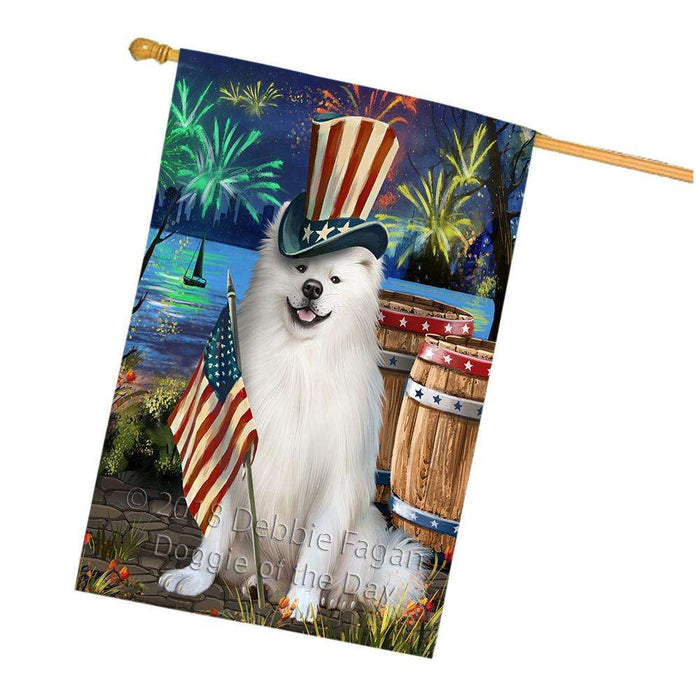 4th of July Independence Day Fireworks American Eskimo Dog at the Lake House Flag FLG50969