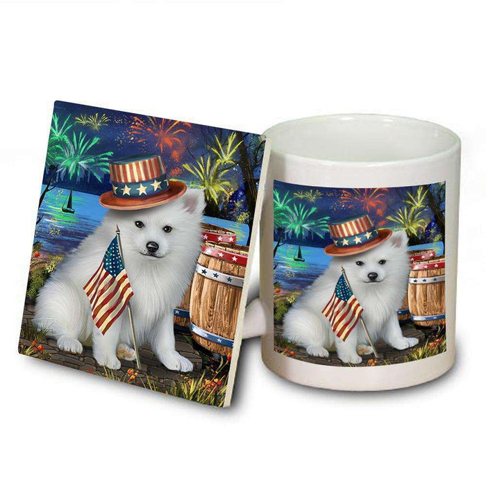 4th of July Independence Day Fireworks American Eskimo Dog at the Lake Mug and Coaster Set MUC50899