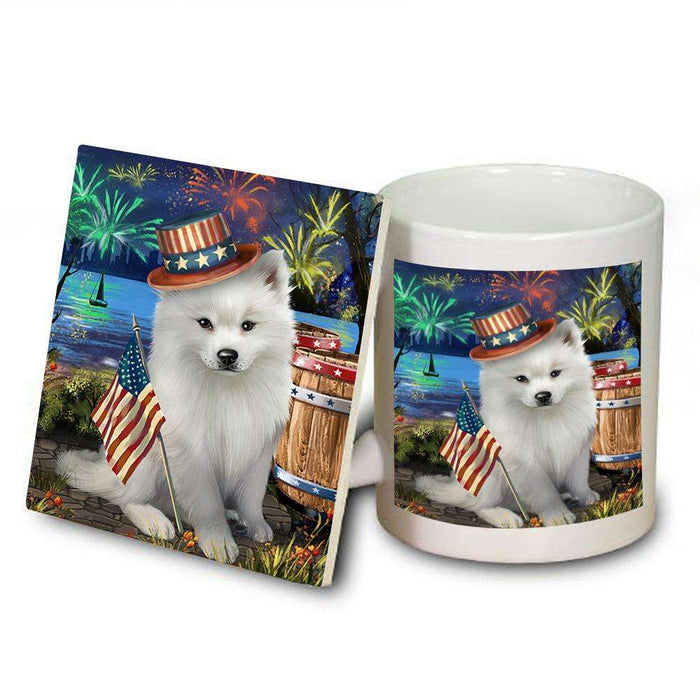 4th of July Independence Day Fireworks American Eskimo Dog at the Lake Mug and Coaster Set MUC50900