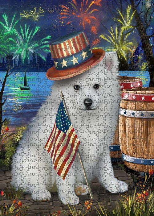 4th of July Independence Day Fireworks American Eskimo Dog at the Lake Puzzle with Photo Tin PUZL56583