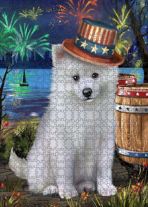 4th of July Independence Day Fireworks American Eskimo Dog at the Lake Puzzle with Photo Tin PUZL56589