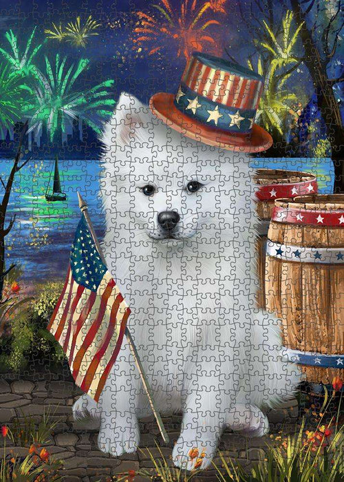 4th of July Independence Day Fireworks American Eskimo Dog at the Lake Puzzle with Photo Tin PUZL56592