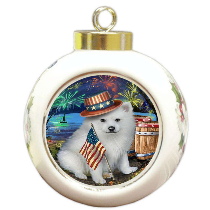 4th of July Independence Day Fireworks American Eskimo Dog at the Lake Round Ball Christmas Ornament RBPOR50907