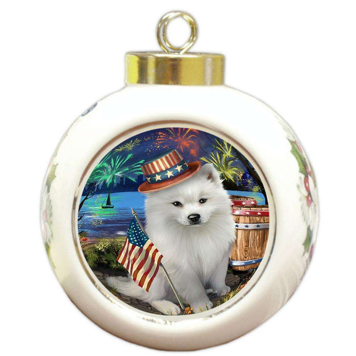 4th of July Independence Day Fireworks American Eskimo Dog at the Lake Round Ball Christmas Ornament RBPOR50908