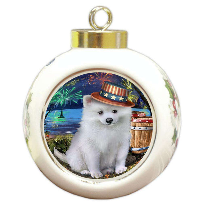4th of July Independence Day Fireworks American Eskimo Dog at the Lake Round Ball Christmas Ornament RBPOR50909