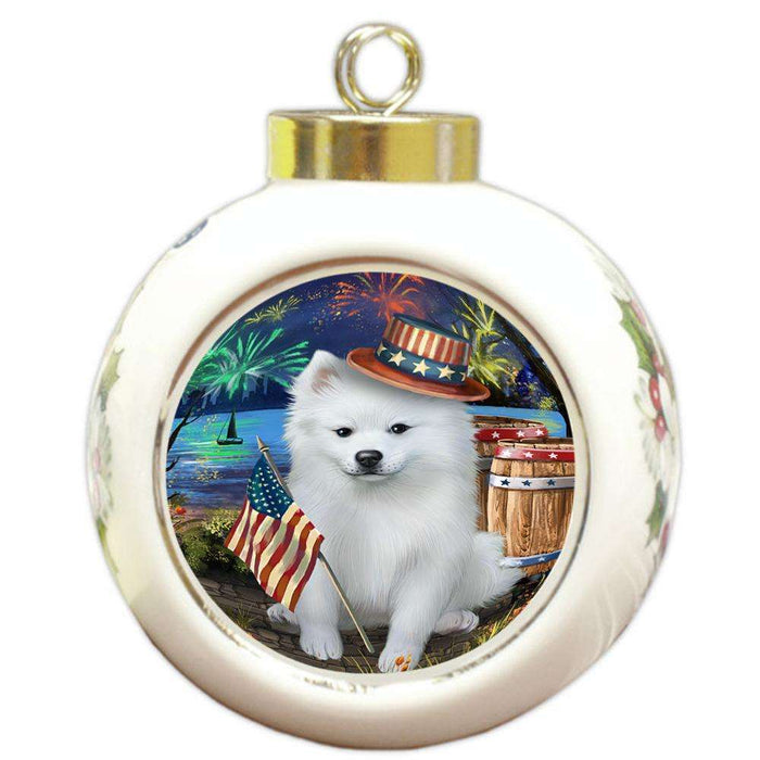 4th of July Independence Day Fireworks American Eskimo Dog at the Lake Round Ball Christmas Ornament RBPOR50910