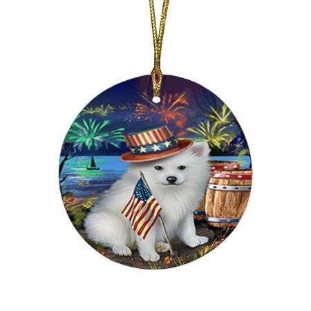 4th of July Independence Day Fireworks American Eskimo Dog at the Lake Round Flat Christmas Ornament RFPOR50898