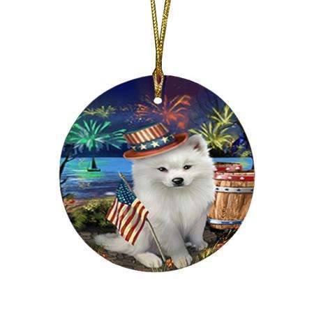 4th of July Independence Day Fireworks American Eskimo Dog at the Lake Round Flat Christmas Ornament RFPOR50899