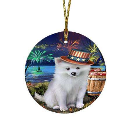 4th of July Independence Day Fireworks American Eskimo Dog at the Lake Round Flat Christmas Ornament RFPOR50900