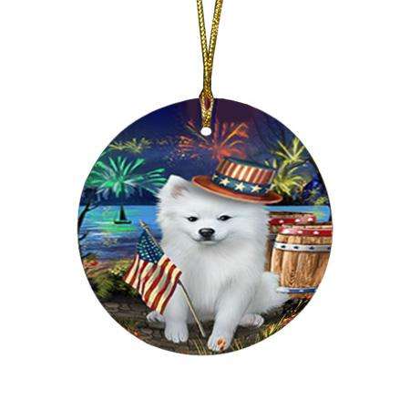 4th of July Independence Day Fireworks American Eskimo Dog at the Lake Round Flat Christmas Ornament RFPOR50901