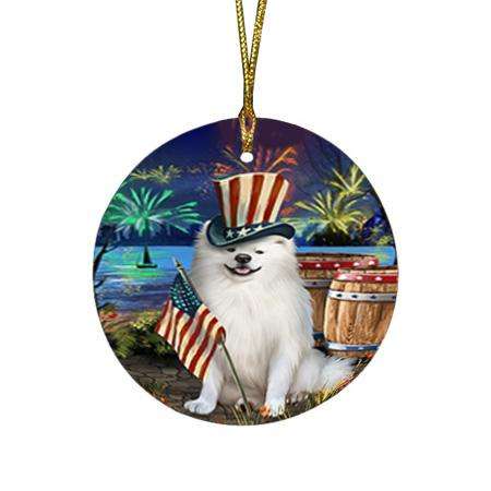 4th of July Independence Day Fireworks American Eskimo Dog at the Lake Round Flat Christmas Ornament RFPOR50902