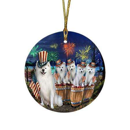 4th of July Independence Day Fireworks American Eskimos at the Lake Round Flat Christmas Ornament RFPOR50997