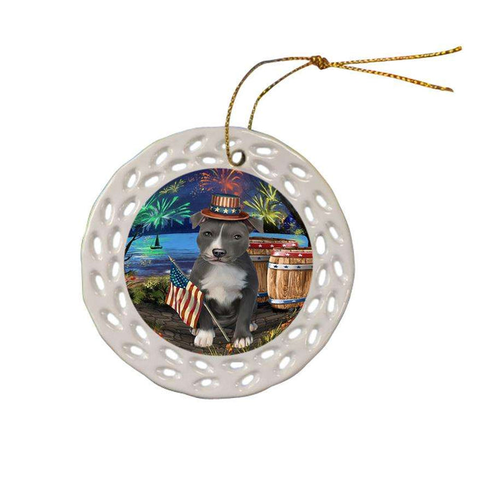 4th of July Independence Day Fireworks American Staffordshire Terrier Dog at the Lake Ceramic Doily Ornament DPOR51076