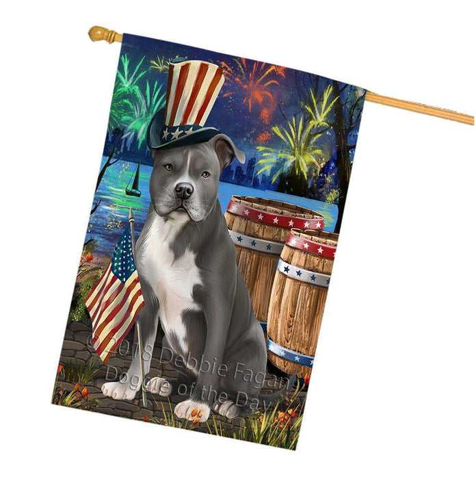 4th of July Independence Day Fireworks American Staffordshire Terrier Dog at the Lake House Flag FLG51131