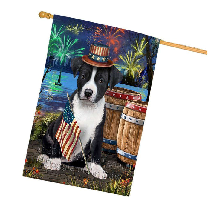 4th of July Independence Day Fireworks American Staffordshire Terrier Dog at the Lake House Flag FLG51132