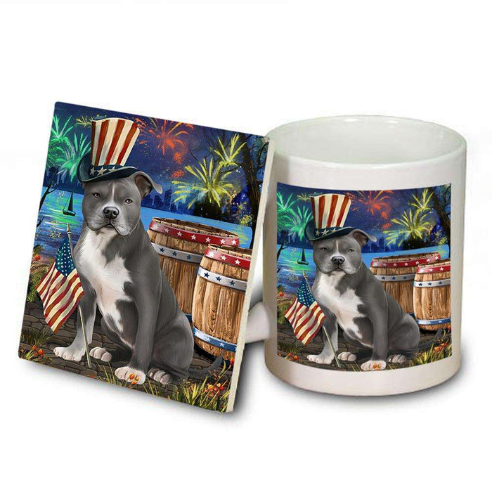 4th of July Independence Day Fireworks American Staffordshire Terrier Dog at the Lake Mug and Coaster Set MUC51065