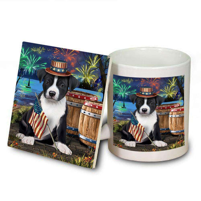 4th of July Independence Day Fireworks American Staffordshire Terrier Dog at the Lake Mug and Coaster Set MUC51066