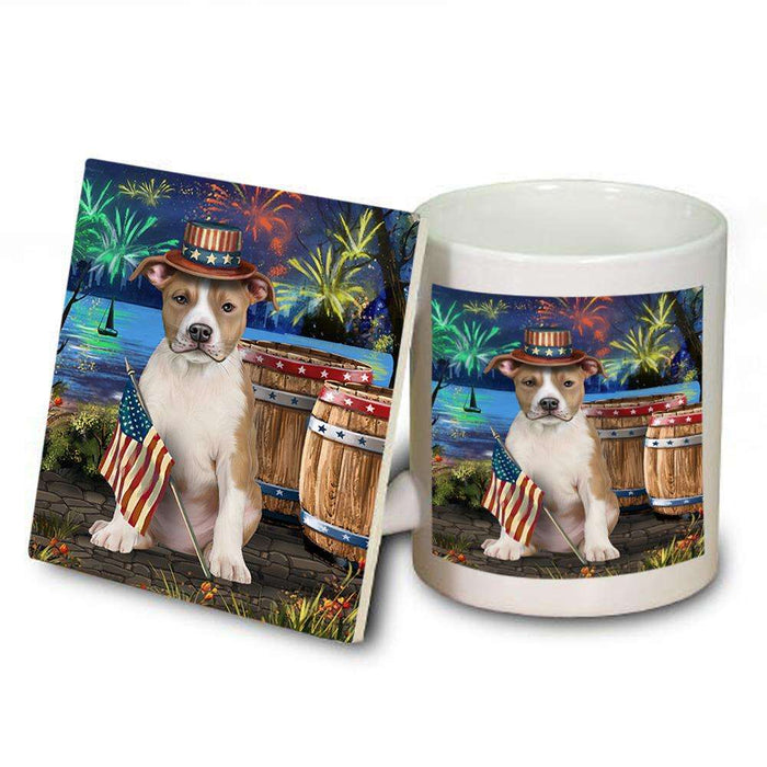 4th of July Independence Day Fireworks American Staffordshire Terrier Dog at the Lake Mug and Coaster Set MUC51067