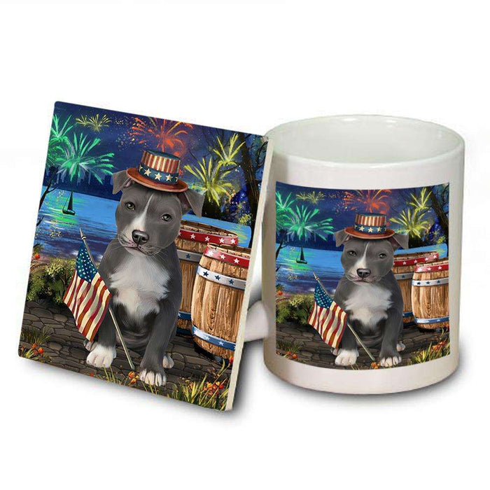 4th of July Independence Day Fireworks American Staffordshire Terrier Dog at the Lake Mug and Coaster Set MUC51068