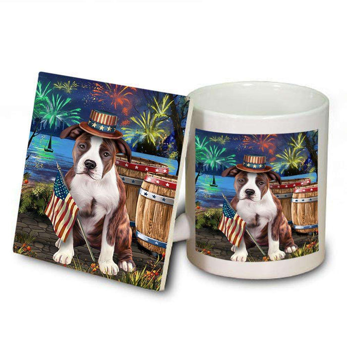 4th of July Independence Day Fireworks American Staffordshire Terrier Dog at the Lake Mug and Coaster Set MUC51069
