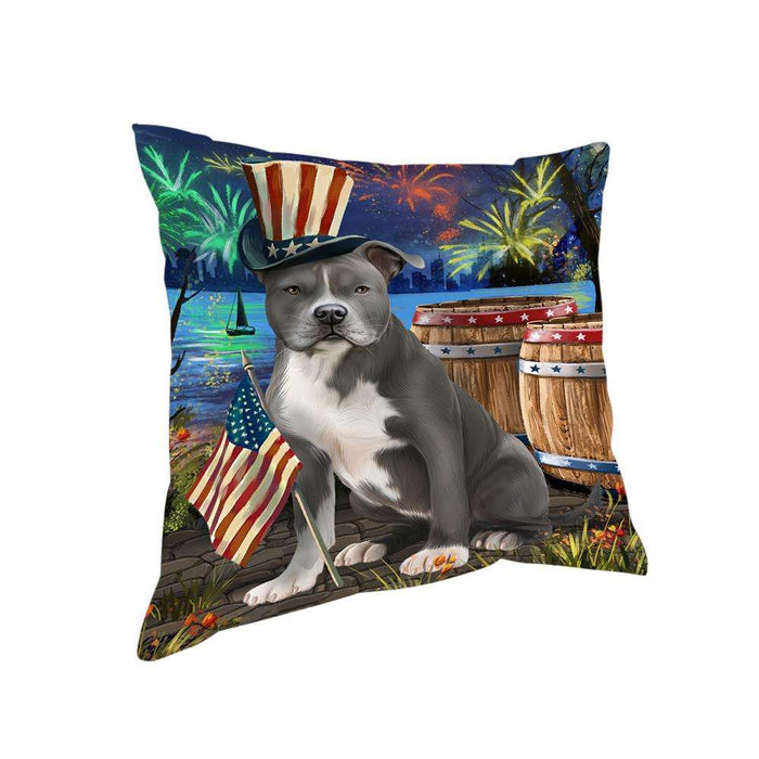 4th of July Independence Day Fireworks American Staffordshire Terrier Dog at the Lake Pillow PIL60356