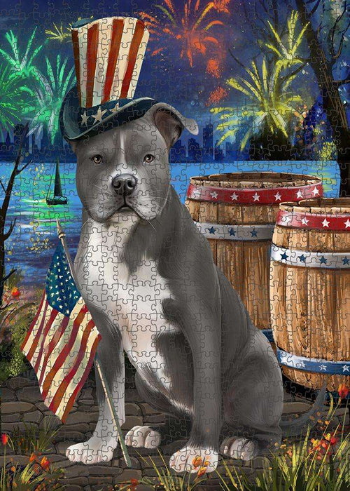 4th of July Independence Day Fireworks American Staffordshire Terrier Dog at the Lake Puzzle with Photo Tin PUZL57081