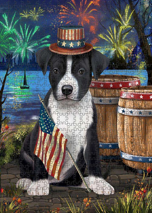 4th of July Independence Day Fireworks American Staffordshire Terrier Dog at the Lake Puzzle with Photo Tin PUZL57084
