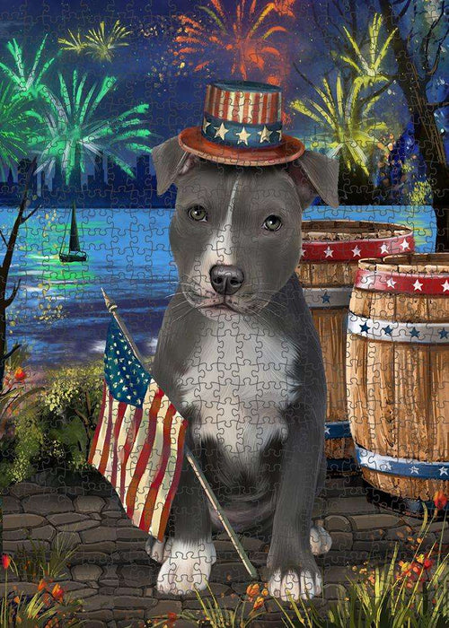4th of July Independence Day Fireworks American Staffordshire Terrier Dog at the Lake Puzzle with Photo Tin PUZL57090